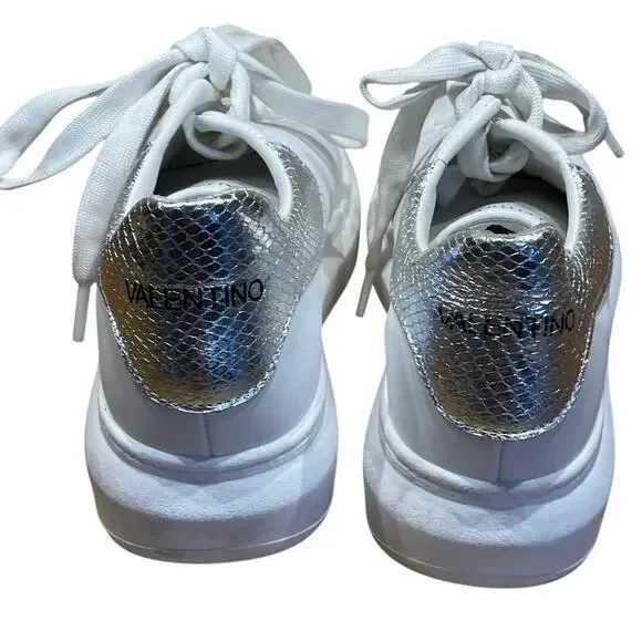 Valentino Garavani Leather Trainers White With Silver Snake Skin Women's 8.5 GUC